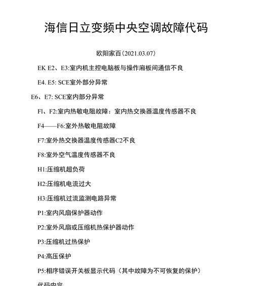 高中央空调故障代码大揭秘（故障代码解析及常见问题解决方法）