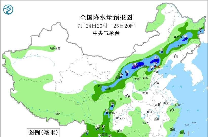 本轮强降雨中心已定，明日7月25号天气预报，暴雨大暴雨分布如下