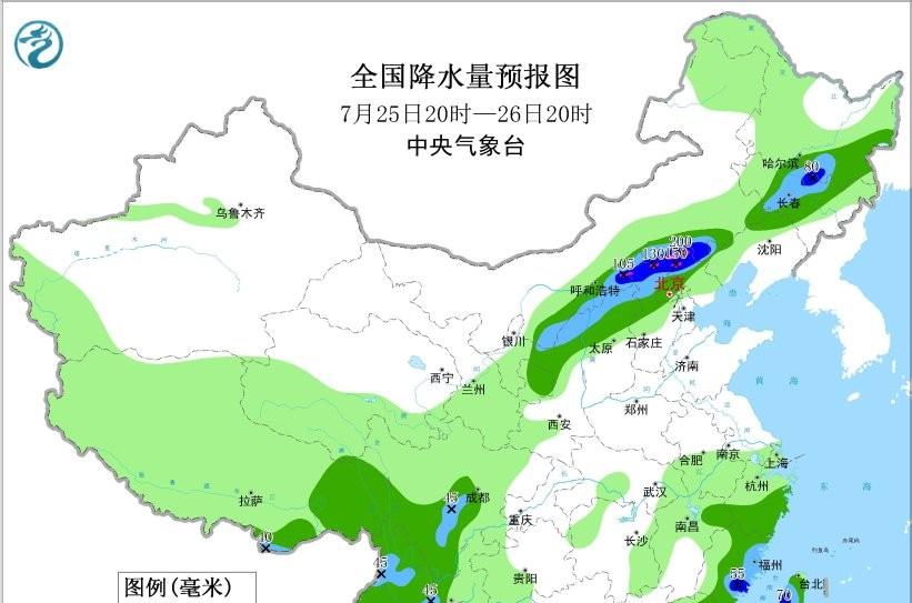 本轮强降雨中心已定，明日7月25号天气预报，暴雨大暴雨分布如下